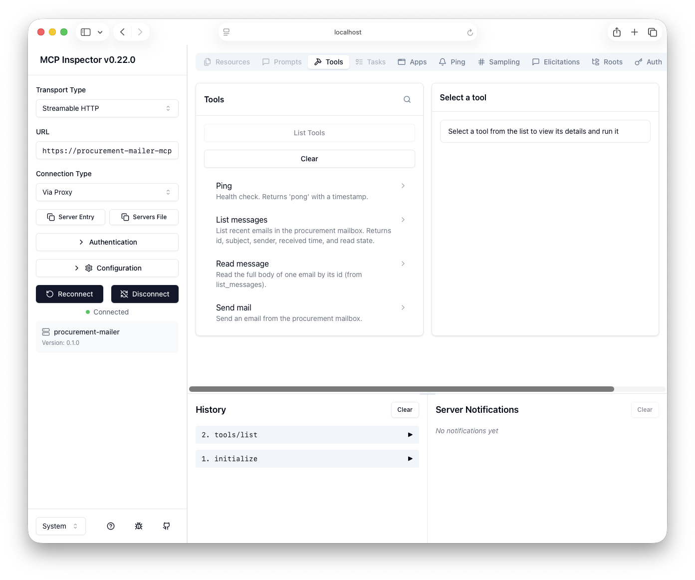 MCP Inspector connected to the deployed procurement-mailer server, with List Tools showing Ping, List messages, Read message, and Send mail